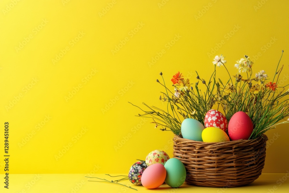 Poster easter basket with colorful eggs on a table against a yellow background, with space for copy generat