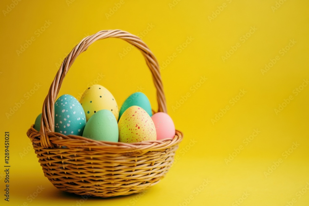 Poster easter basket with colorful eggs on a table against a yellow background, with space for copy generat