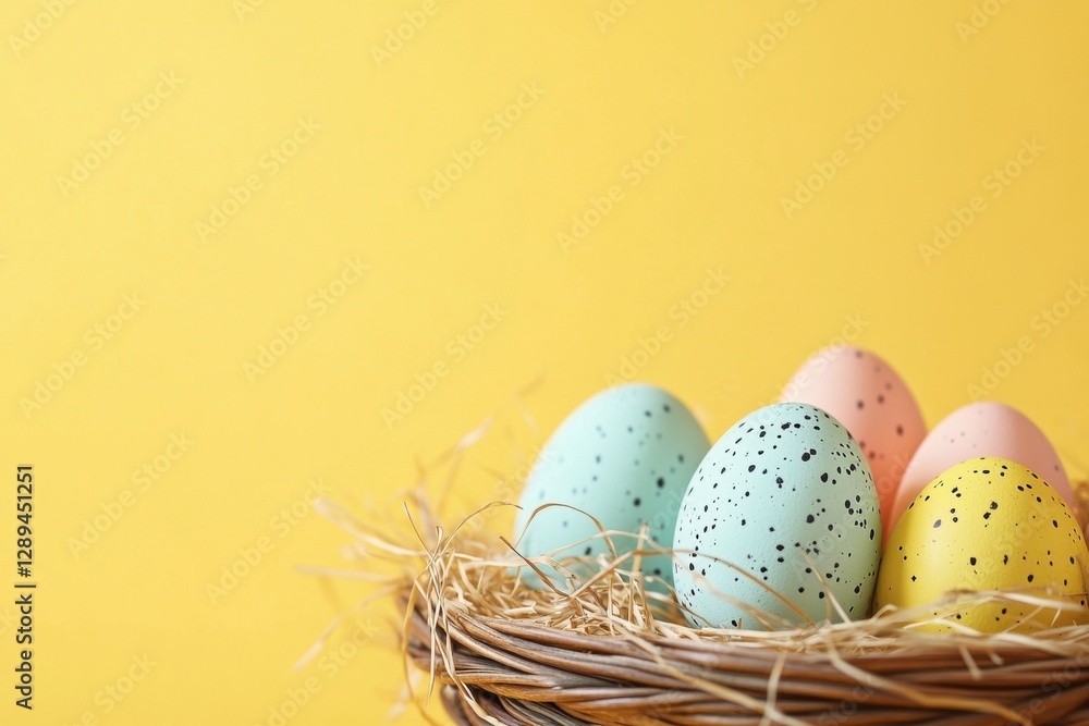Poster easter eggs in a basket on a table against a yellow background with copy space, banner design easter