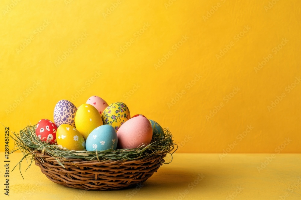 Poster easter concept, easter eggs in a basket on a table against a yellow background with copy space gener
