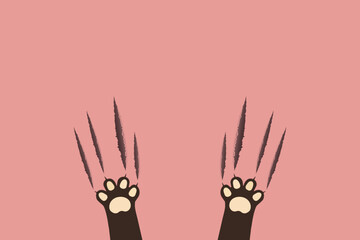 Two cute cat paws with scratch marks on a soft pink background, perfect for cat lovers