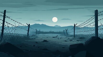 Vast battlefield landscape featuring barbed wire and craters under a moonlit sky