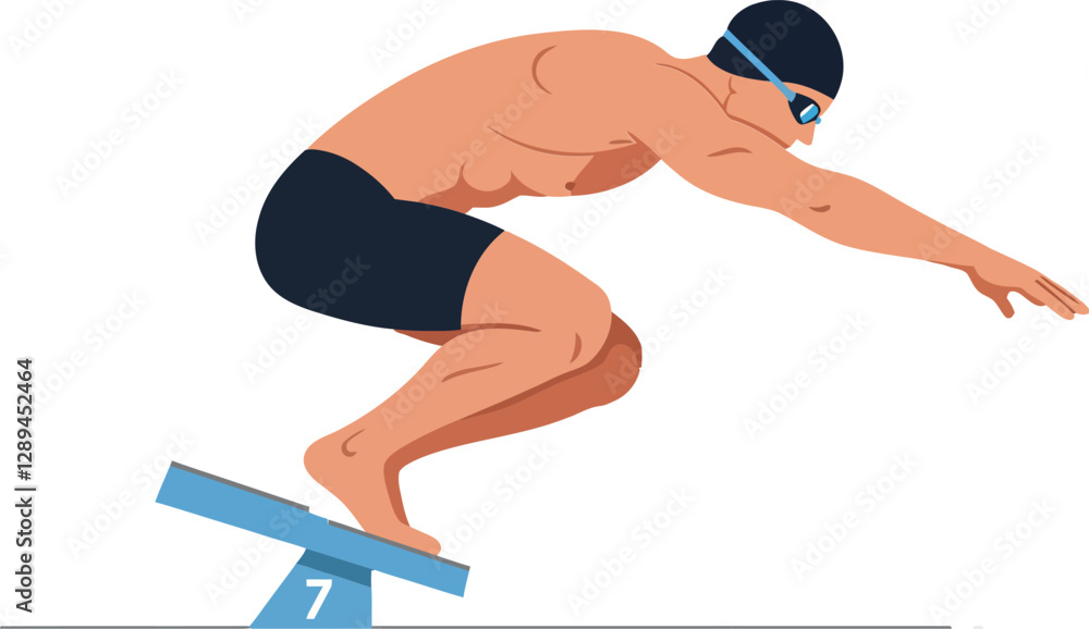 Poster male swimmer poised for a dive from starting block in minimal flat vector illustration, showcasing f