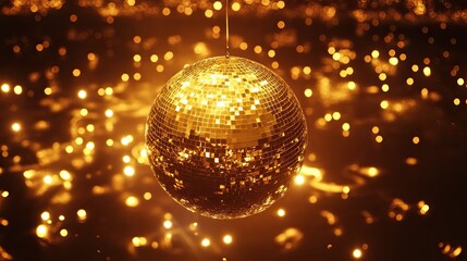 Obraz premium Golden disco ball reflecting shimmering light particles in dark atmosphere with festive glow