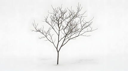 Obraz premium A single black-leaved tree standing stark against a snowy white background in winter.