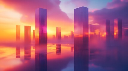 Fototapeta premium Colorful city towers reflect within a beautiful ethereal sunset