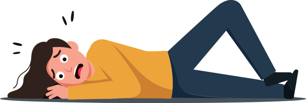 A woman lying on the ground in distress, wearing a yellow sweater and blue jeans, depicted in a flat vector illustration style with expressive features and a dramatic tone