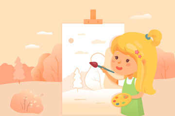 Girl painting landscape illustration. Young female artist creating a landscape painting. Outdoors arts school lesson. Hobby, leisure outdoor activity. Cartoon vector illustration.