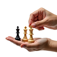 Chess pieces held in hands during strategy game with black and two beige kings displayed on palm