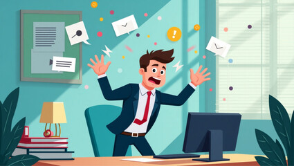 Businessman Escaping Annoying Notifications, Alerts and Pop-Ups, Overwhelmed by Digital Distractions in Office