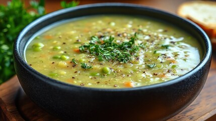Creamy vegetable soup, served in bowl, kitchen setting, bread in background, food photography