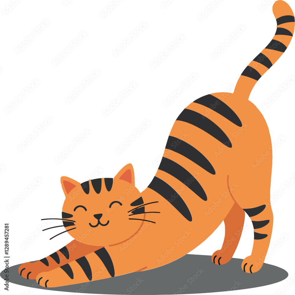 Poster playful orange tabby cat stretching with a happy expression in a minimal and colorful design style v