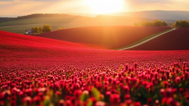 Stunning red clover fields blooming on the rolling hills of slovakia under a soft sunset glow


