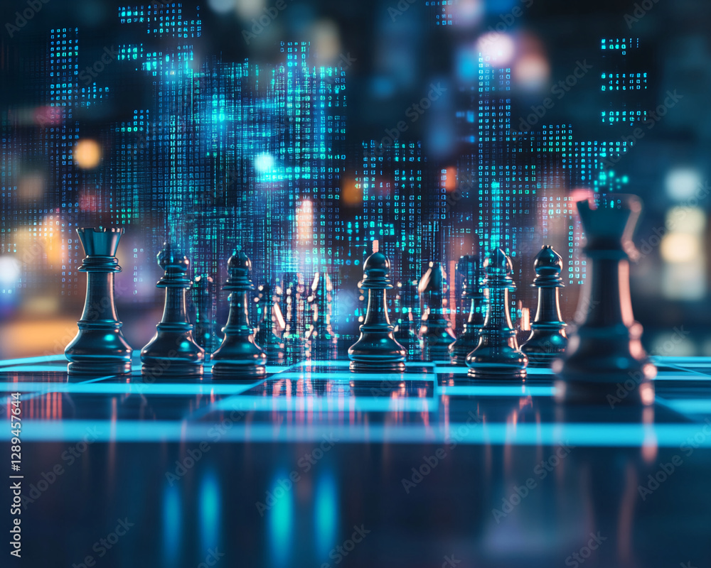 Poster Futuristic chessboard with glowing neon pieces against a data-driven background, representing strategy, technology, and digital innovation in the modern world.