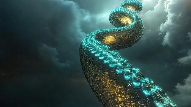 A spiraling column made entirely of rotating hexagonal data grids