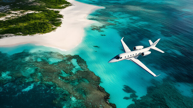 A small private jet flying above a remote island with white sandy beaches and turquoise waters below.