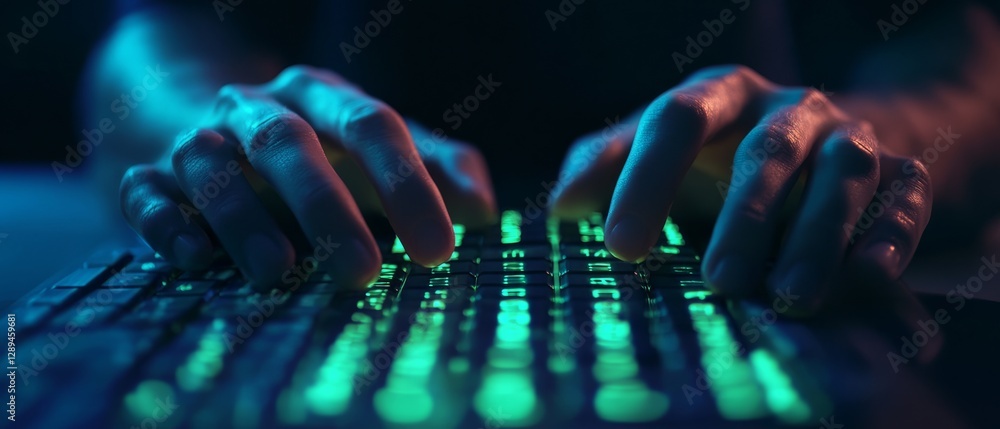 Wall mural hands typing briskly on a backlit keyboard, embodying the fast-paced rhythm and urgency of digital i