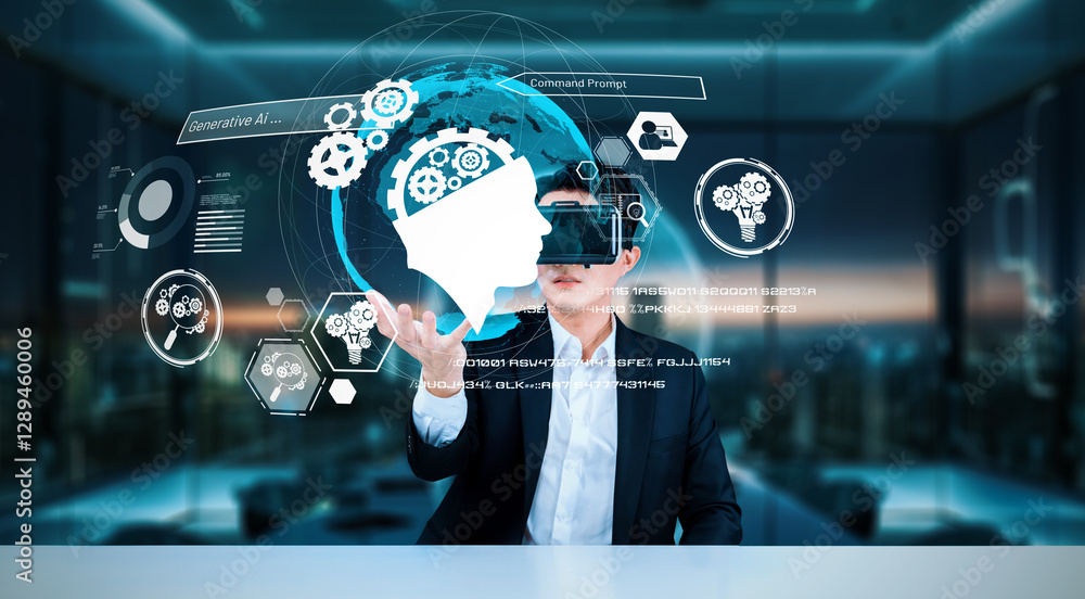 Poster business man with goggles working while using ai technology. project manager with formal suit checki