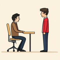 Obraz premium Boss left sad man in red blue black about to be fired in bright simple geometric cartoon style clipart