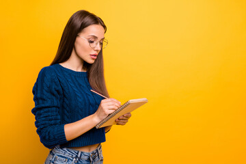 Profile side view portrait of her she nice-looking attractive winsome focused intelligent...