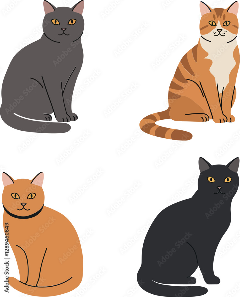 Poster four adorable cats in a minimalistic flat design style showcasing diverse colors and expressions in 