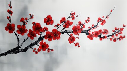 Beautiful red plum blossom flower at full blooming in winter.