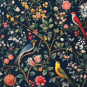 floral wallpaper, vintage wallpaper, birds on branches, botanical wallpaper, floral pattern, bird pattern, vintage pattern, interior design, wall decor, luxury wallpaper, ornate pattern, natural patte