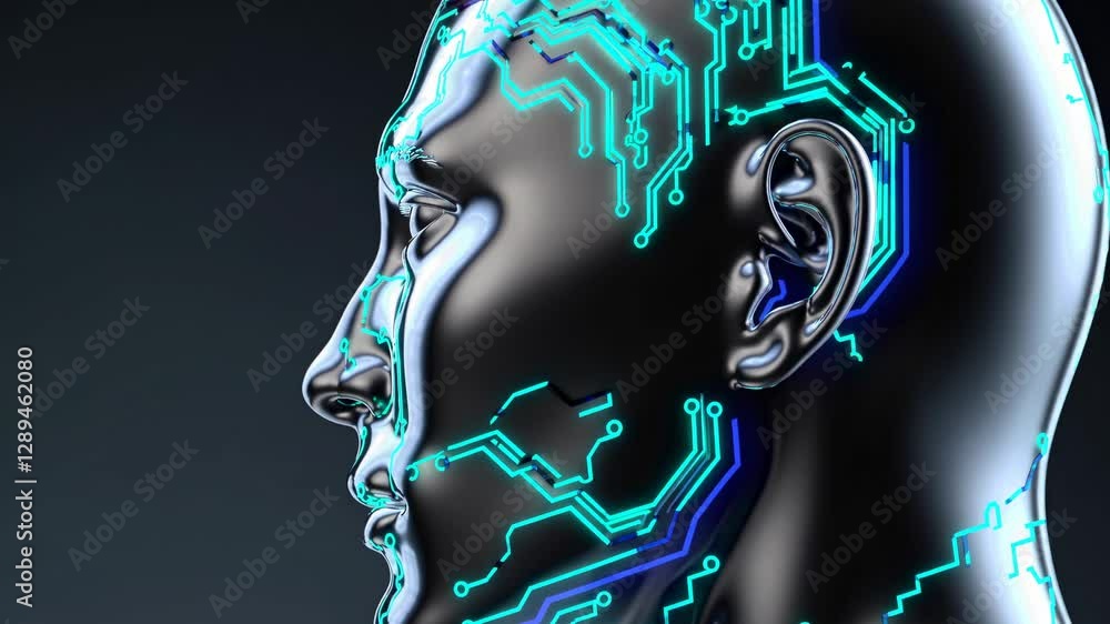 Poster futuristic video concept showing a side profile of a human head with glowing circuit patterns, captu