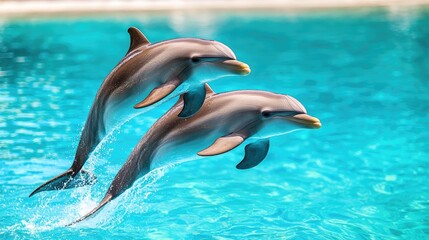 Two dolphins jumping in a clear blue pool.  Possible use Educational material, stock image for wildlife magazines