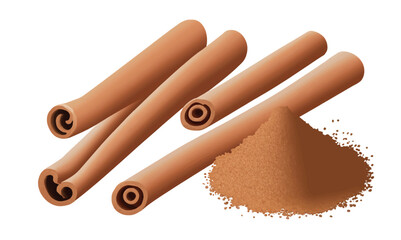 Close-up of cinnamon isolated on white background. Cinnamon sticks and cinnamon powder. Cinnamon spice isolated. Vector illustration.