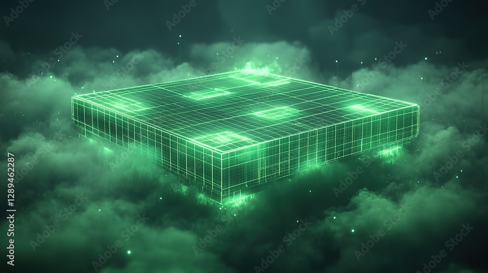 Poster a surreal floating platform composed of layer upon layer of geometric glowing gridlines in bold gree