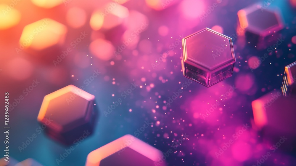 Poster floating geometric hexagonal shapes are vibrant and colorful in the image