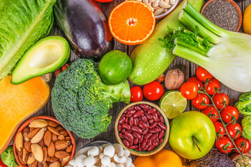 Healthy vegan vegetarian food clean eating. Set of Food supermarket. Fresh vegetables, fruits and seeds