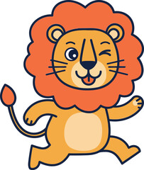 Cheerful cartoon lion character with an orange mane in playful, flat vector illustration