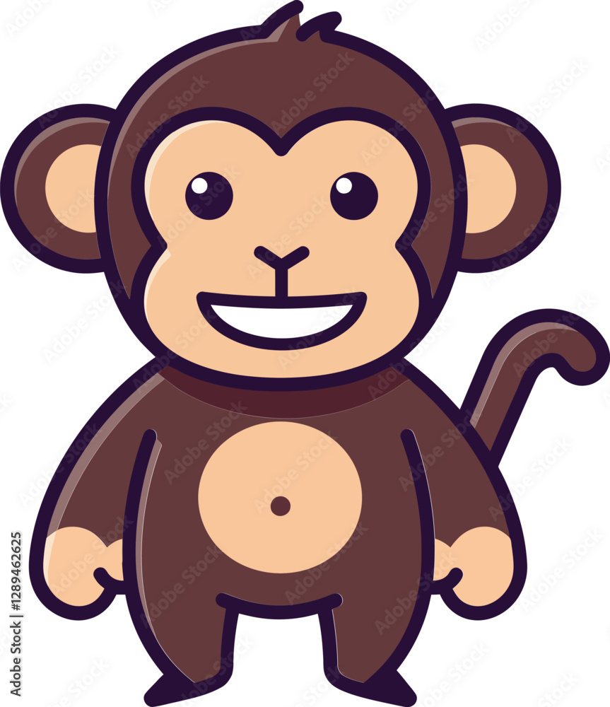 Poster cheerful cartoon monkey character in minimal design style, smiling with playful expression in vector