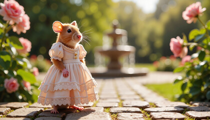 Dressed mouse standing gracefully in a rose garden