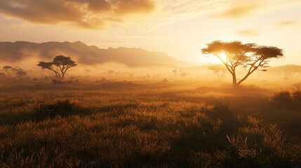 Golden sunrise over misty African savanna with acacia trees.