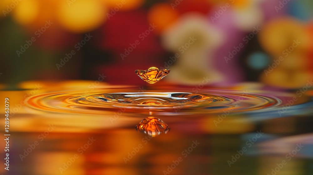 Poster water drop impact creating ripples with colorful reflected background