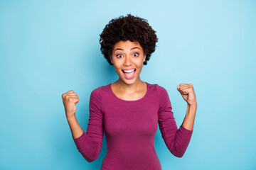 Photo of cheerful excited cute nice pretty sweet beautiful young winner screaming shouting...