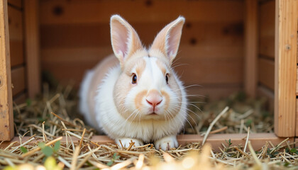 Rabbit relaxing in wooden hutch with straw bedding