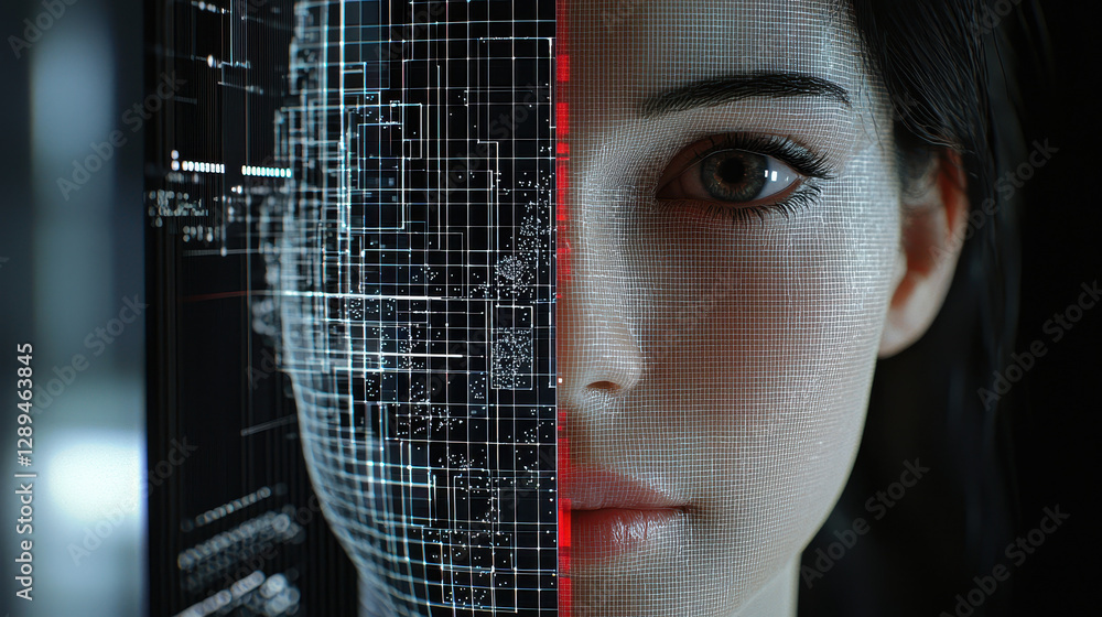 Poster side by side comparison of real and synthetic face in advanced deepfake video editing interface demo