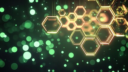 A suspended glowing hexagonal formation casting intricate patterns across a backdrop filled with soft ambient green and magenta light particles.
