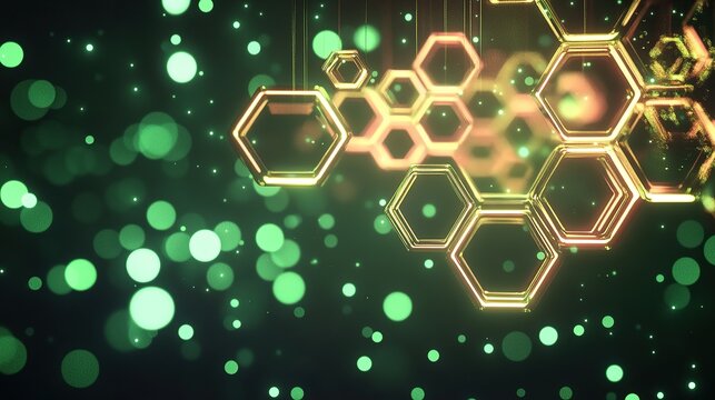 A suspended glowing hexagonal formation casting intricate patterns across a backdrop filled with soft ambient green and magenta light particles.
