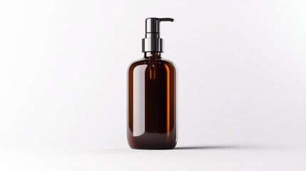 Fototapeta premium A sleek, brown, cylindrical bottle with a black lotion pump stands centered against a plain white background