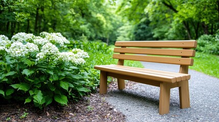 Obraz premium Park bench beside path, tranquil scene, nature background, relaxing