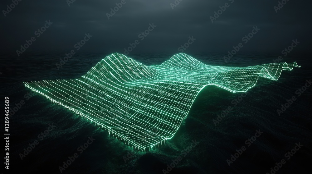 Poster a thin sheet of glowing grids folded and manipulated into wave-like figures