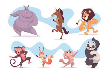 Funny dancers. Cute cartoon animals in action poses jumping dancing flying on party have fun exact vector jungle zoo characters