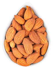 dried almond nuts in white bowl isolated on white background. top view.