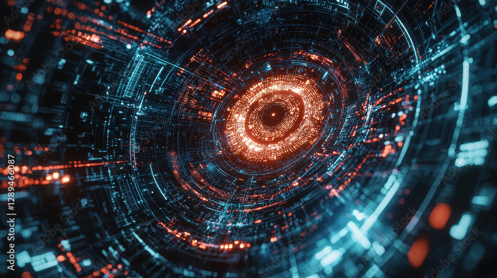Poster glowing ai eye analyzing cybersecurity systems to detect threats in a detailed digital matrix with v