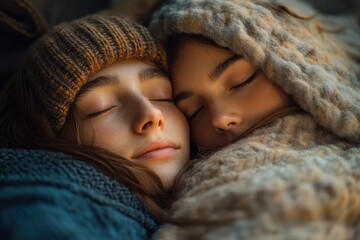 Couple cuddles under soft blankets in a cozy bedroom during a winter afternoon